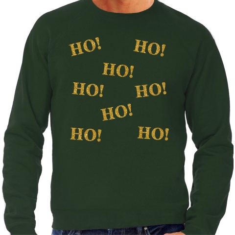 Foute Kersttrui/sweater voor heren - hohohohoho - groen - glitter goud - Kerstfeest L -