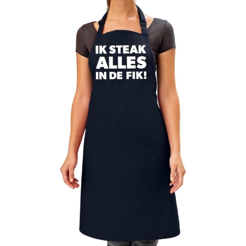 Ik steak alles in de fik bbq schort / keukenschort navy dames -