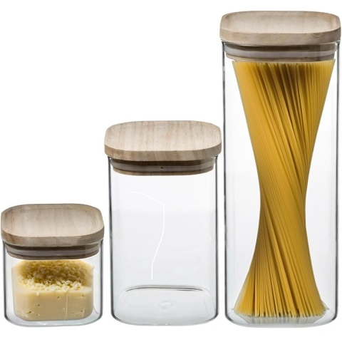 Set van 3 voorraadbussen/voorraadpotten 0,5L - 1L - 1,8L glas met houten deksel -