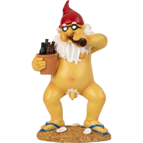 Tuinkabouter beeld Happy Nudist - Polystone - Bloot met bier emmer - 28 cm -