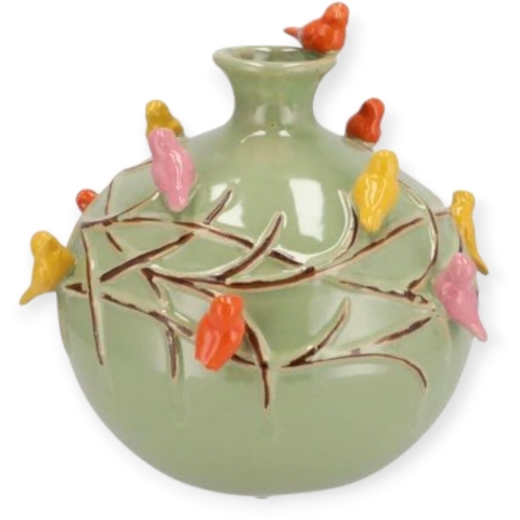 Vaas Spring birds - pistache groen - keramiek - D14 x H14 cm - bloemenvaas -