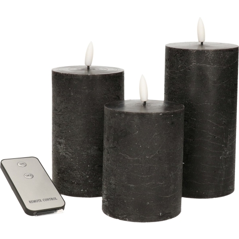 LED Stompkaarsen met afstandsbediening - 3x - zwart - 10/12.5/15 cm -