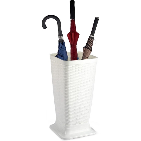 Paraplubak/parapluhouder - ivoor wit - rotan gevlochten kunststof - D26 x H52 cm - verhoogde voet -