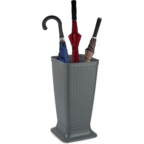 Paraplubak/parapluhouder - grijs - rotan gevlochten kunststof - D26 x H52 cm - verhoogde voet -