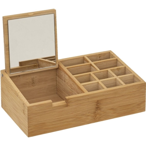 Make-up/nagellak organizer 11 vakken met spiegel rechthoek 24,5 x 8 cm van bamboe -