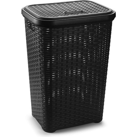 PlasticForte Wasmand met deksel - 60 liter - zwart - rotan - kunststof - L35 x B43 x H62 cm -
