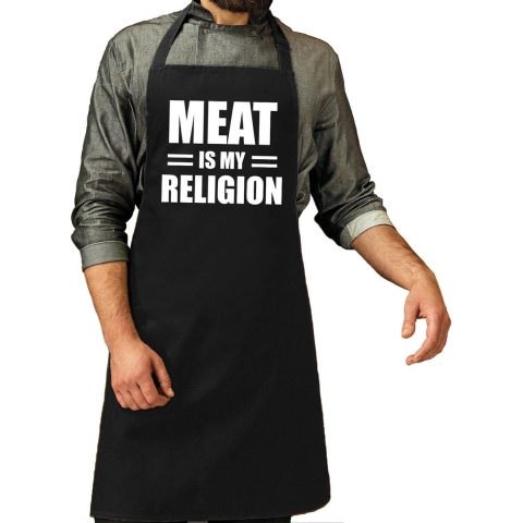Meat is my religion bbq schort / keukenschort zwart heren -