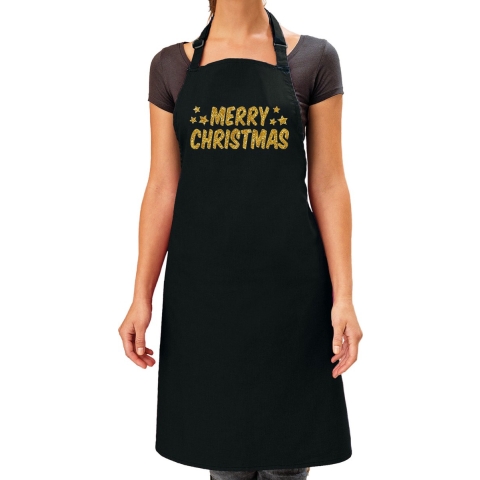 Merry Christmas Kerst cadeau schort zwart voor volwassenen met gouden glitter bedrukking -