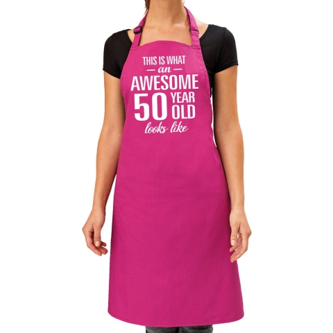 Cadeau schort voor dames - awesome 50 year - roze - keukenschort - verjaardag - 50 jaar -