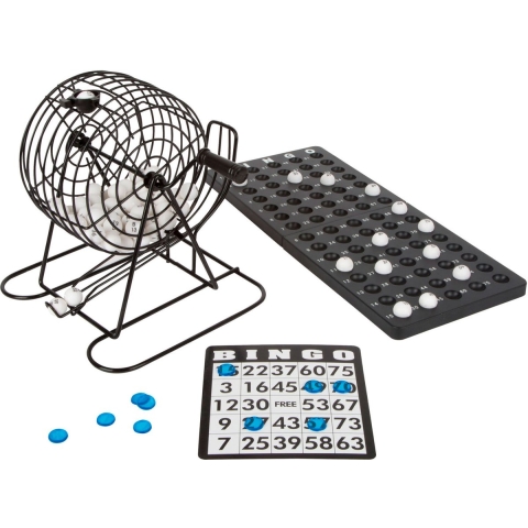 Bingo spel zwart/wit complete set 20 cm nummers 1-75 met molen en bingokaarten -