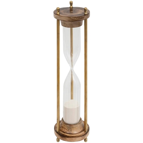 Zandloper cilinder - decoratie of tijdsmeting - 15 minuten - wit zand - D9 x H37 cm - glas - hout -