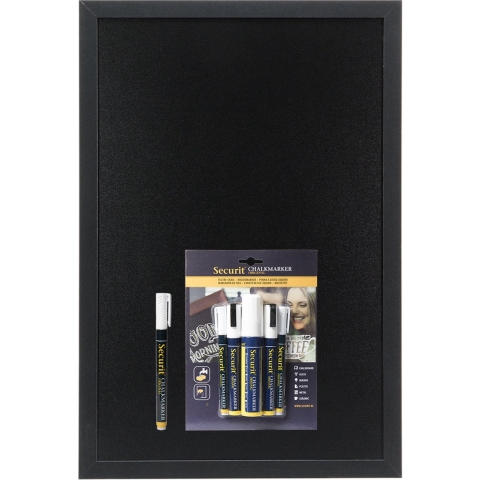 Zwart krijtbord met zwarte rand 40 x 60 cm inclusief 6x witte stiften -