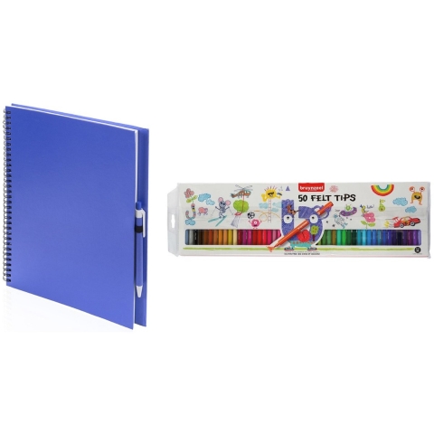 Schetsboek/tekenboek blauw met 50 viltstiften -