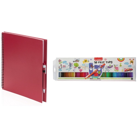 Schetsboek/tekenboek rood met 50 viltstiften -