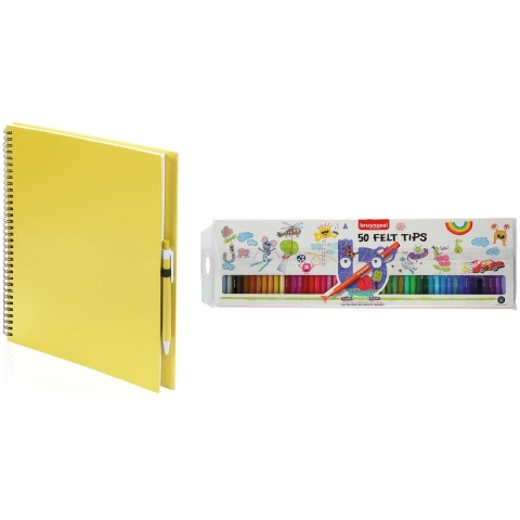 Schetsboek/tekenboek geel met 50 viltstiften -