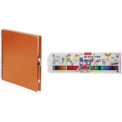Schetsboek/tekenboek oranje met 50 viltstiften -