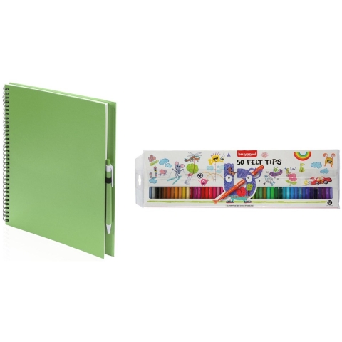 Schetsboek/tekenboek groen met 50 viltstiften -