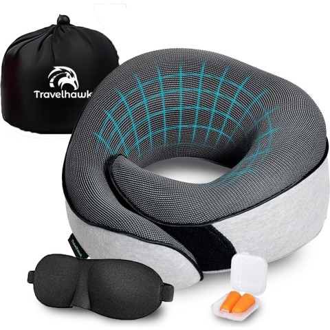 Travelhawk Nekkussen - Luxe Reiskussen - Memory Foam - Nekkussen Vliegtuig, Auto, Bus, Trein en Camping - Nek Kussens - Grijs
