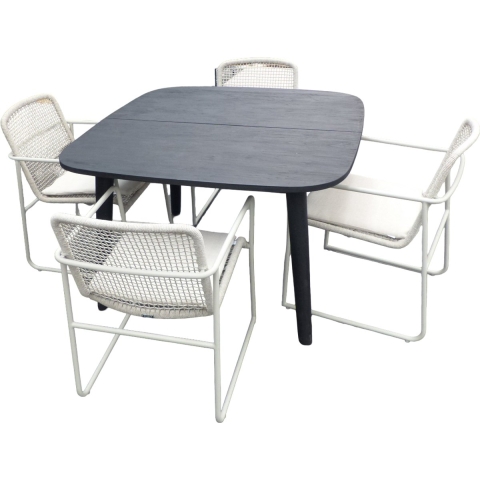 Set van Lennon tafel 120x120x76 cm charcoal en 4 Mira stoelen wit/taupe incl. kussen - Yoi