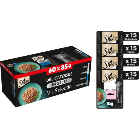 Sheba Delicatesses Vis Selectie in gelei maxipack natvoer kat maaltijdzakjes 2 x (60 x 85 g)