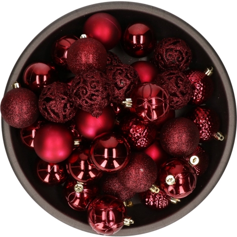 Bellatio Decorations kerstballen - 37x st - donkerrood/bordeaux - 6 cm - kunststof -