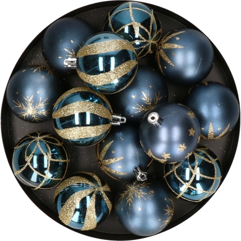 Gedecoreerde kerstballen - 25x stuks - 6 cm - blauw - kunststof -