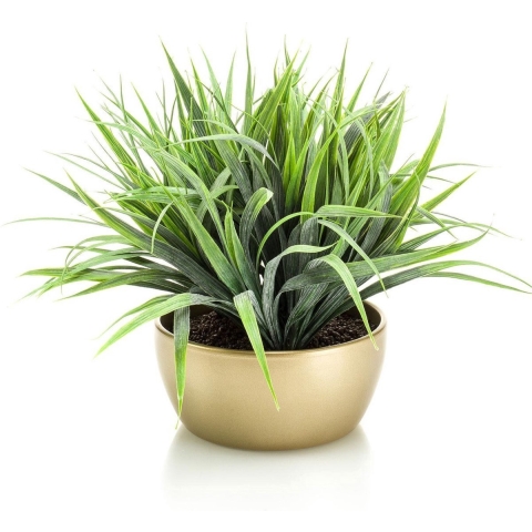 Kunstplant - siergras - groen - in gouden pot - 33 cm -