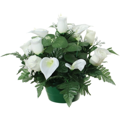 Kunstbloemen plantje in pot - wit - 26 cm - Bloemstuk ornament - met bladgroen -