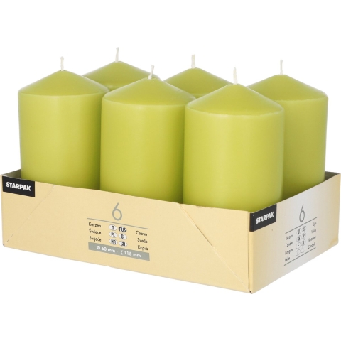 Stompkaarsen/zuilkaarsen set van 6x - lime groen - D6 x H12 cm - 24 branduren -