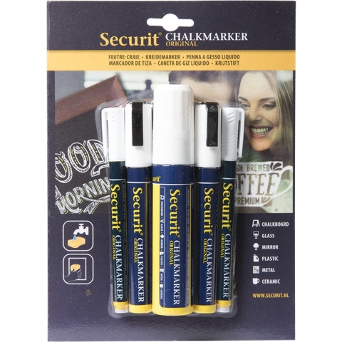 Securit vloeibare krijtstiften in 3 verschillende maten 1-2 mm/2-6 mm/7-15 mm - 5x stuks - wit -