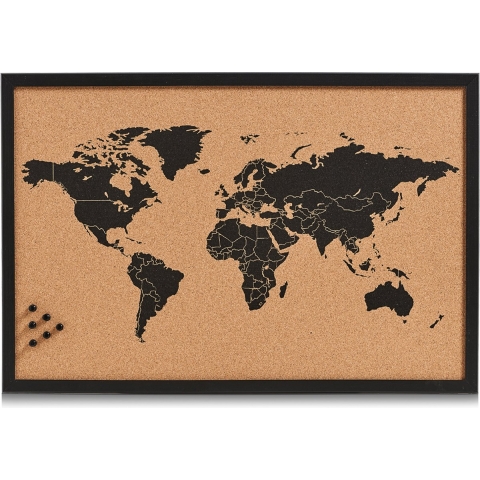 Prikbord wereldkaart - zwart - 60 x 40 cm - kurk/hout - incl. punaises -