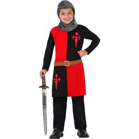 Middeleeuwse ridder verkleedkostuum - kinderen - rood/zwart - carnaval - long shirt en kap 116 (5-6 jaar) -