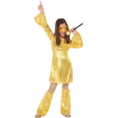 Disco thema verkleedset - carnaval kostuum - goud glitters - meisjes - carnavalskleding 128 (7-9 jaar) -
