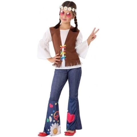 Hippie/Flower Power kostuum - meisjes - verkleedkleding jaren 60 -sixties Carnavalskleding 128 (7-9 jaar) -