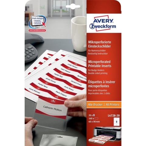 Avery-Zweckform L4728-20 Insteekplaatje naamplaatje 90 mm x 60 mm Wit