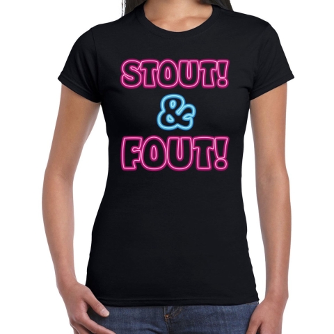 Verkleed T-shirt dames - zwart - neon roze - stout en fout - fout/goud/stout 2XL -