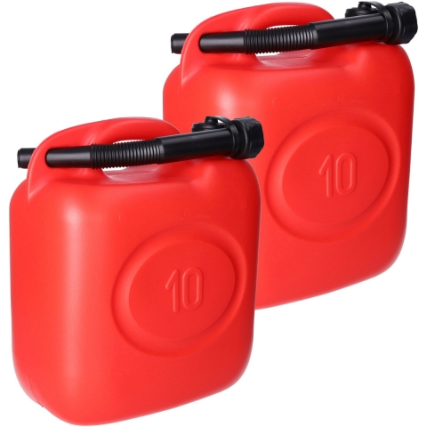 Jerrycan - 2x - rood - 10 liter - 26 x 14 x 37 cm - met schenktuit - voor brandstof -