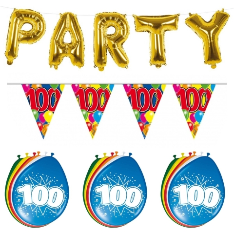 Verjaardag feestversiering 100 jaar PARTY letters en 16x ballonnen met 2x plastic vlaggetjes -