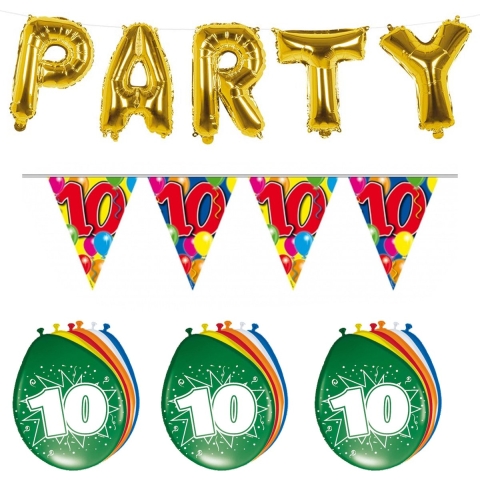 Verjaardag feestversiering 10 jaar PARTY letters en 16x ballonnen met 2x plastic vlaggetjes -