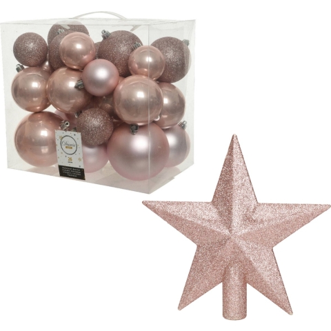 Kerstversiering kunststof kerstballen met piek lichtroze 6-8-10 cm pakket van 27x stuks -
