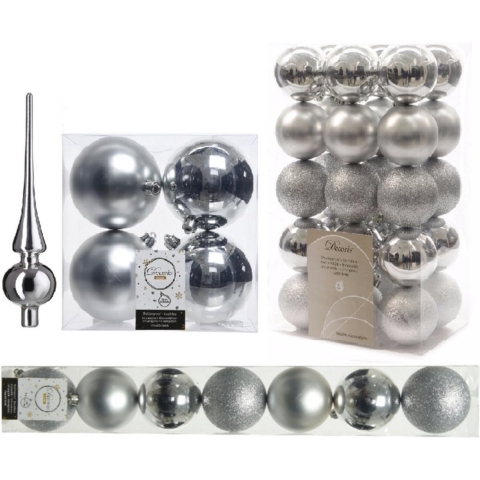 Kerstversiering kunststof kerstballen met piek zilver 6-8-10 cm pakket van 42x stuks -