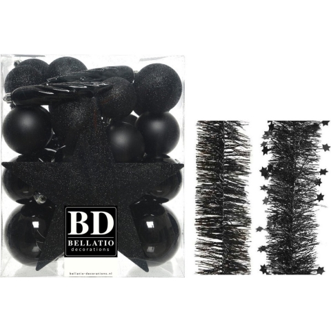 Kerstversiering kerstballen 5-6-8 cm met ster piek en folieslingers pakket zwart van 35x stuks -