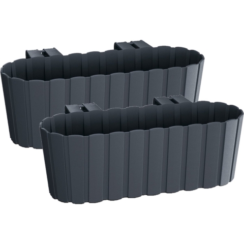 Plantenbak/bloembak met haken - 2x - antraciet grijs - 38 cm - kunststof - rechthoekige - voor balko -