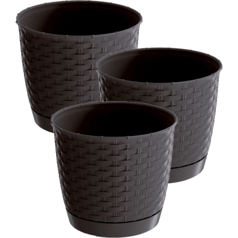4x stuks ronde gevlochten plantenpotten/bloempotten kunststof dia 16.5 cm en hoogte 14 cm donkerbrui -