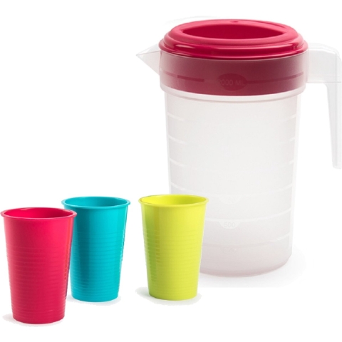 Water/limonade schenkkan 2 liter met 12x kunststof glazen voordeelset -