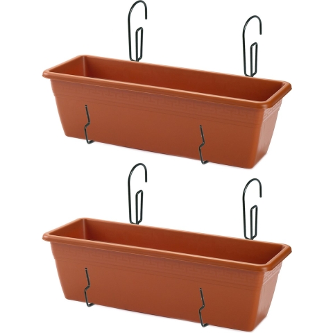 2x stuks hangende reling Plantenbak terracotta 50 x 17 x 15 cm met kunststof beugels -