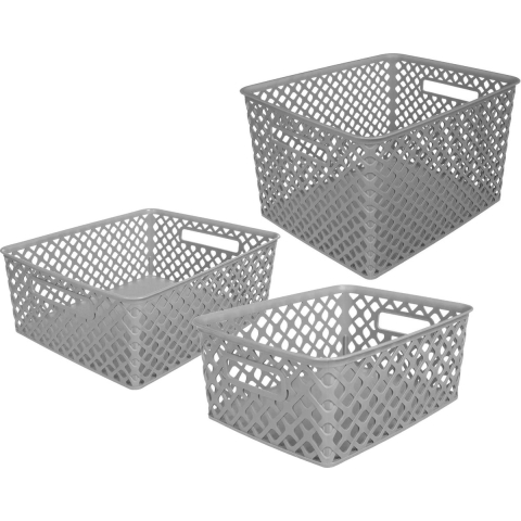 Set van 3x opbergmanden kunststof rechthoek grijs -