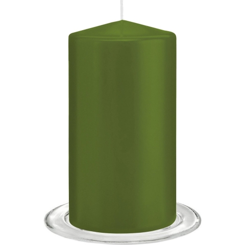 Trend Candles - Stompkaarsen met glazen onderzetters set van 2x stuks - olijfgroen 8 x 15 cm -