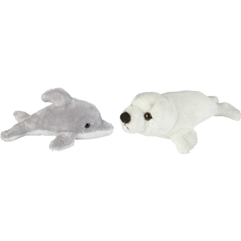 Zeedieren serie zachte pluche knuffels 2x stuks - Dolfijn en Zeehond pup van 15 cm -
