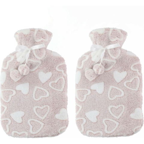 Warmwaterkruiken 2 liter met zachte fleece hoes beige/hartjes 2x stuks -